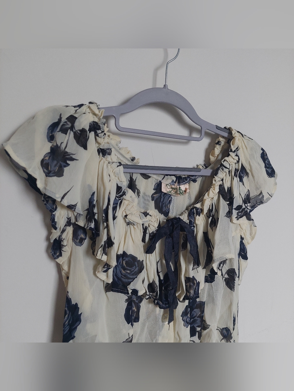 Floral Ruffle Tie-Neck Blouse - Cream with Navy Roses - Picture 2 of 6